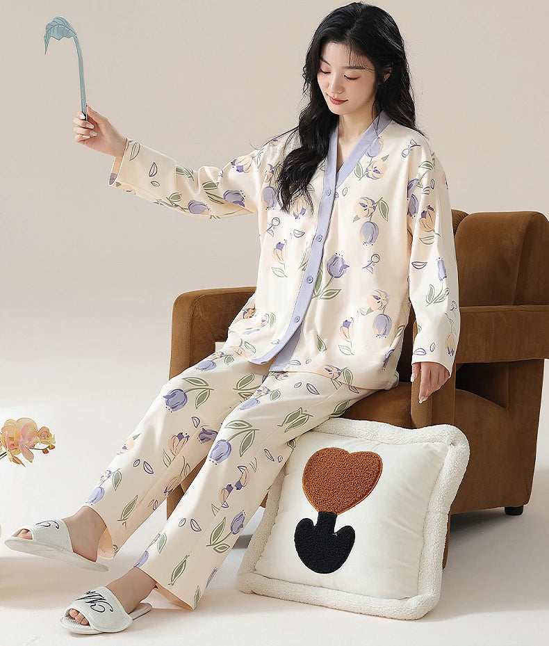 Y2k Women's 100% POLYESTER Pajamas with Cartoon Print Korean Fresh Ins Style Harajuku Lounges 2pcs 2024 New Spring/fall Homewear