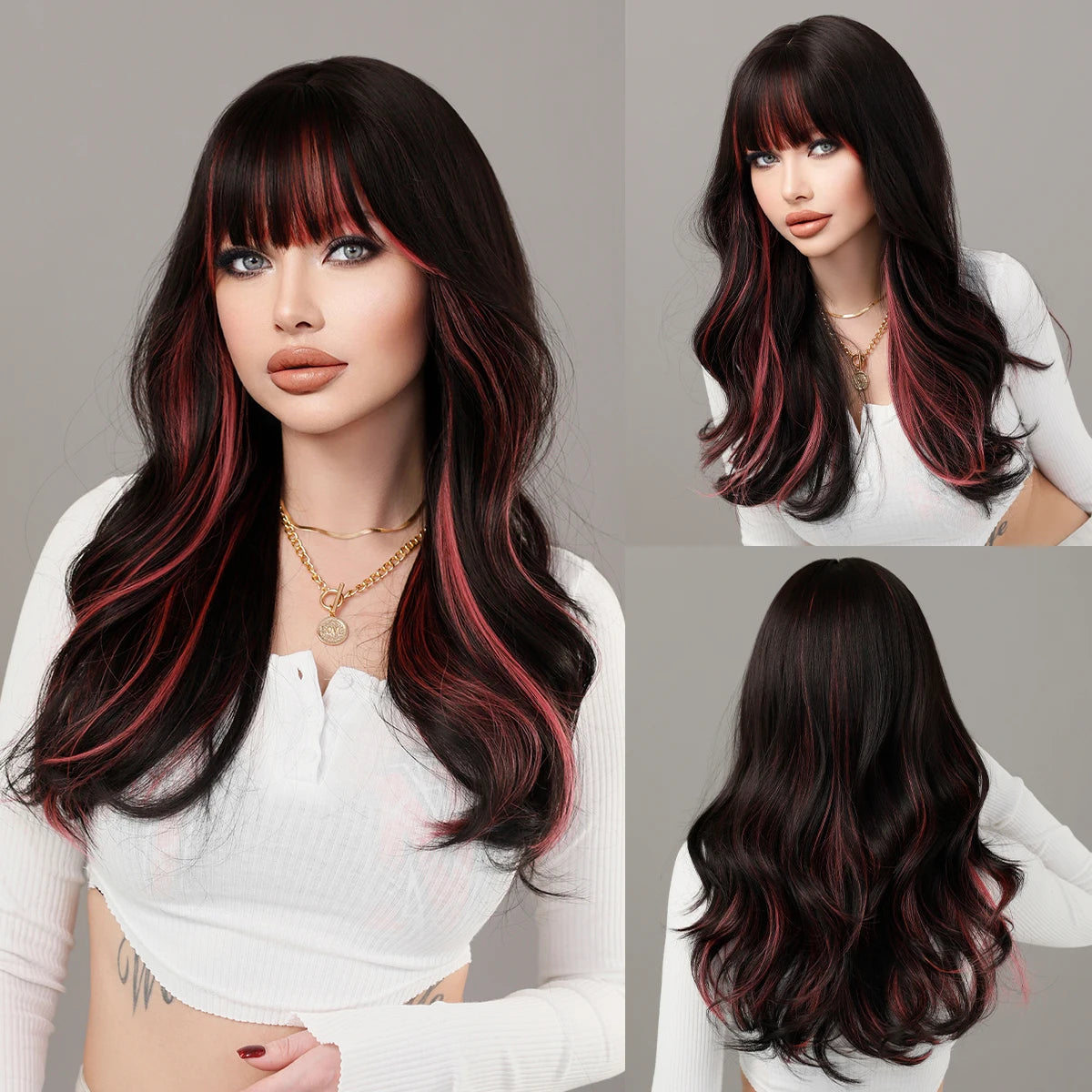 NAMM Long Wavy Ombre Black To Red Wig for Women Daily Cosplay Party Synthetic Lavender Hair Wig with Fluffy Bangs Heat Resistant