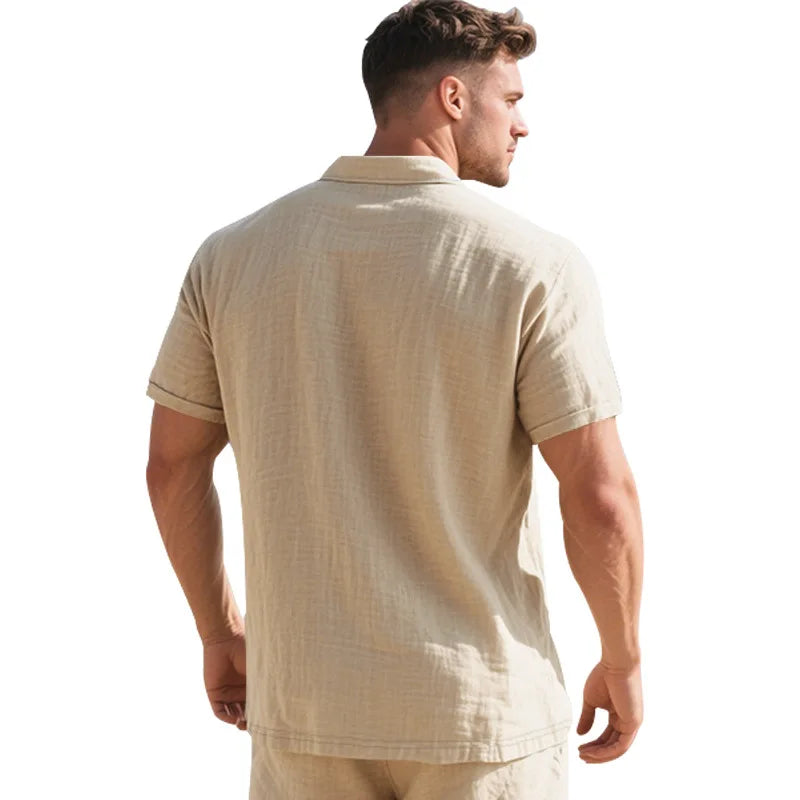 2025Summer New Men's Shirt British Style Loose Trendy Breathable Linen Casual Polo Collar Series POLO Shirt Short Sleeve