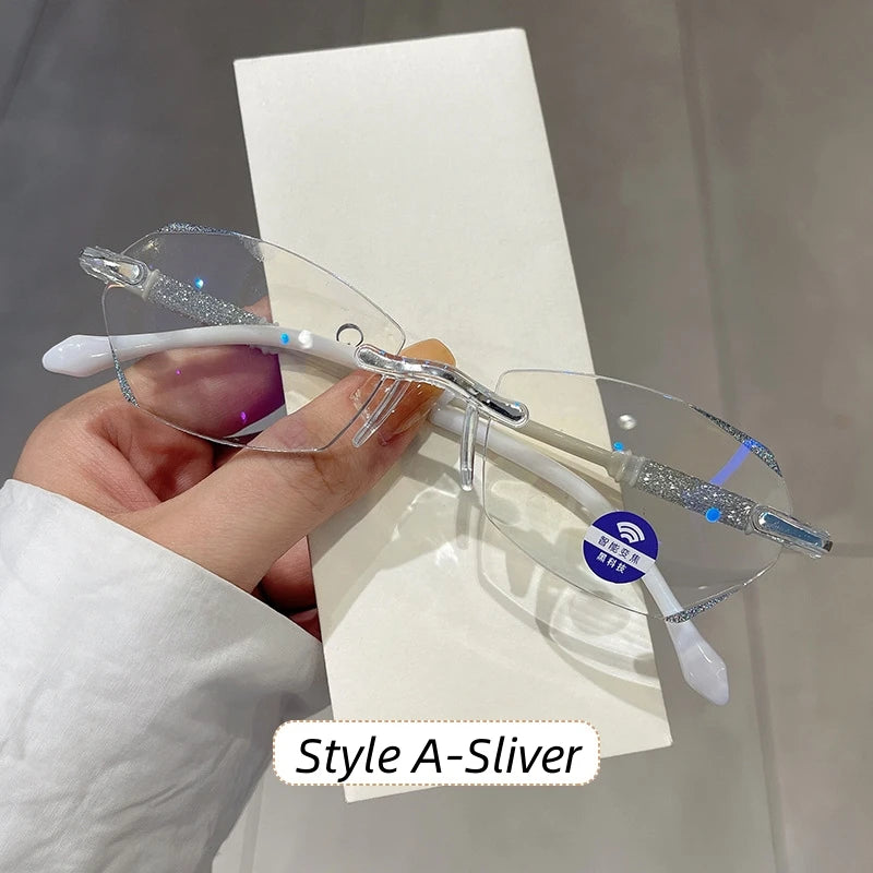 High Definition Lens Reading Glasses Women's Trendy Rimless Anti Blue Light Farsighted Eyewear Prescription Diopter Eyeglasses