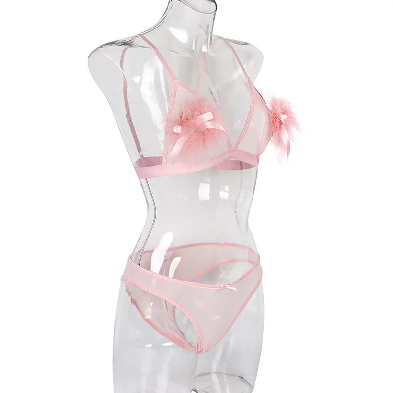 Feathers Transparent Bra Lingerie Set Sexy Underwear Women Body Chain Lace Exotic Set Luxury Intimate See Through Bra and Panty