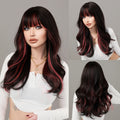NAMM Long Wavy Ombre Black To Red Wig for Women Daily Cosplay Party Synthetic Lavender Hair Wig with Fluffy Bangs Heat Resistant
