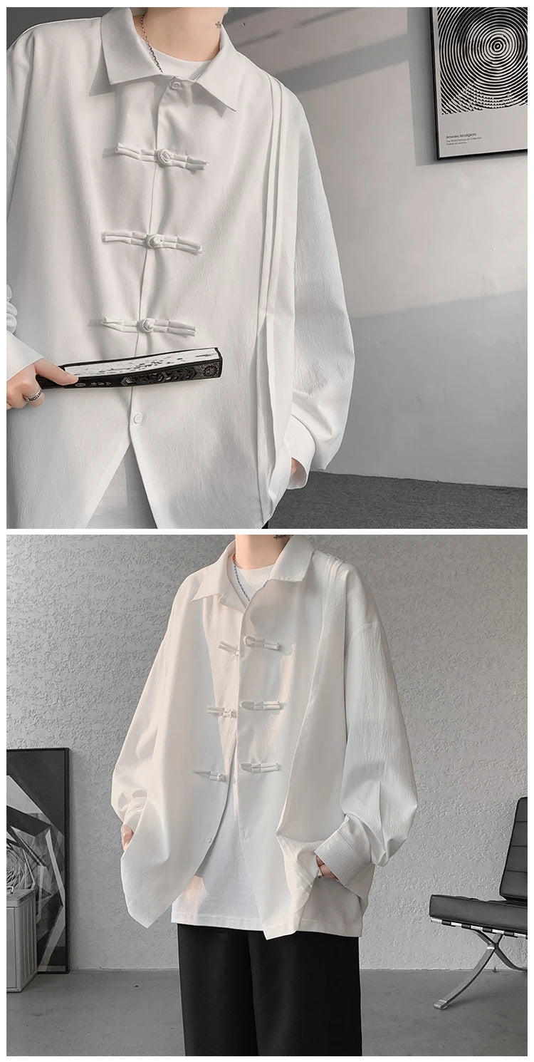 Men's Dial Buckle Solid Long Sleeve Shirt Chic Pleated Decor 2024 Spring New Loose Casual Traditional Chinese Style Clothing