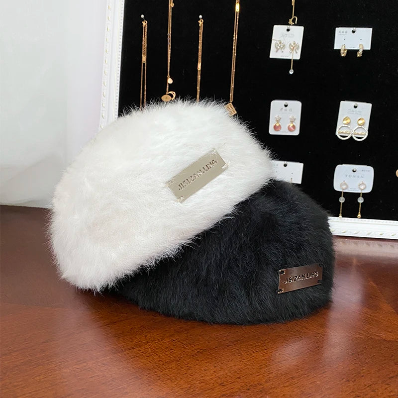 Rabbit Fur Beret Women's Autumn And Winter Korean Version Fashionable Versatile Iron Logo Reverse Wearing Plush Forward Hat