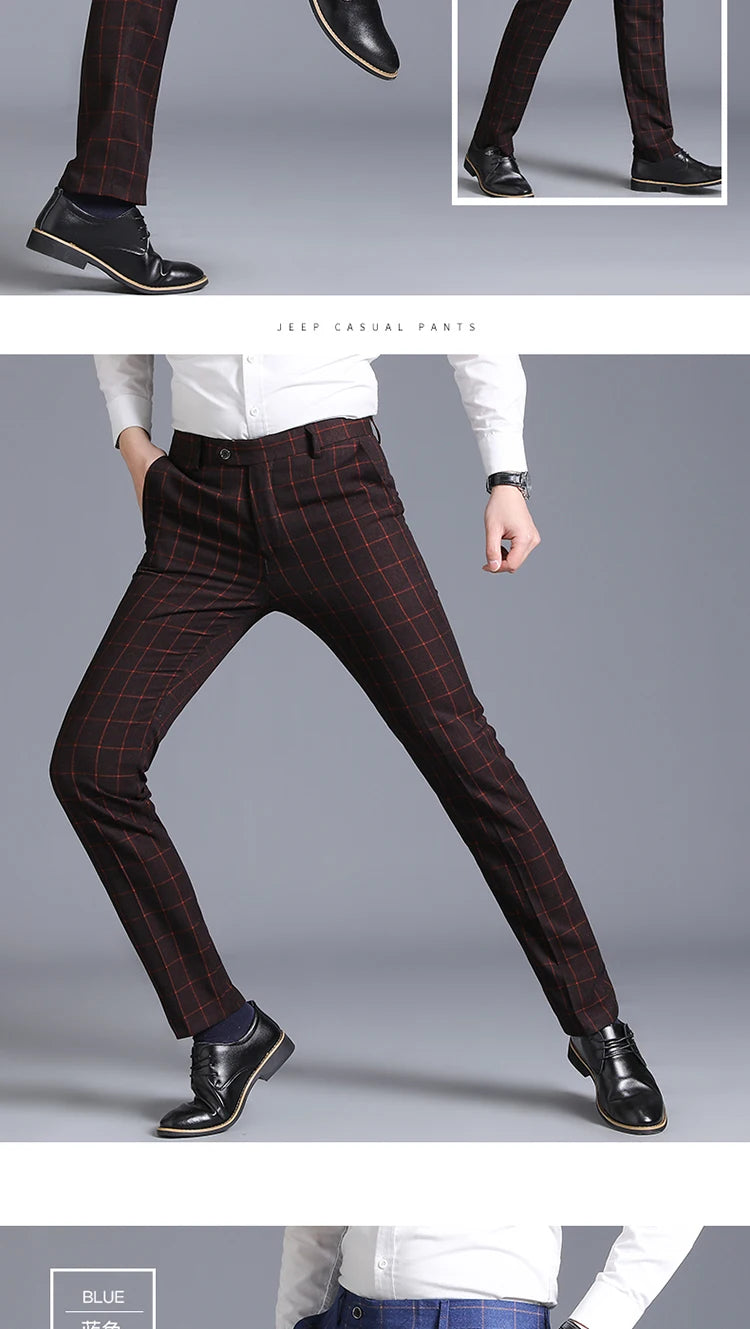 2025 New Burgundy Navy Plaid Casual Suit Pants for Men, Beige/Blue Vertical Stripe Non-Iron Slim Small Leg Work Trousers Men