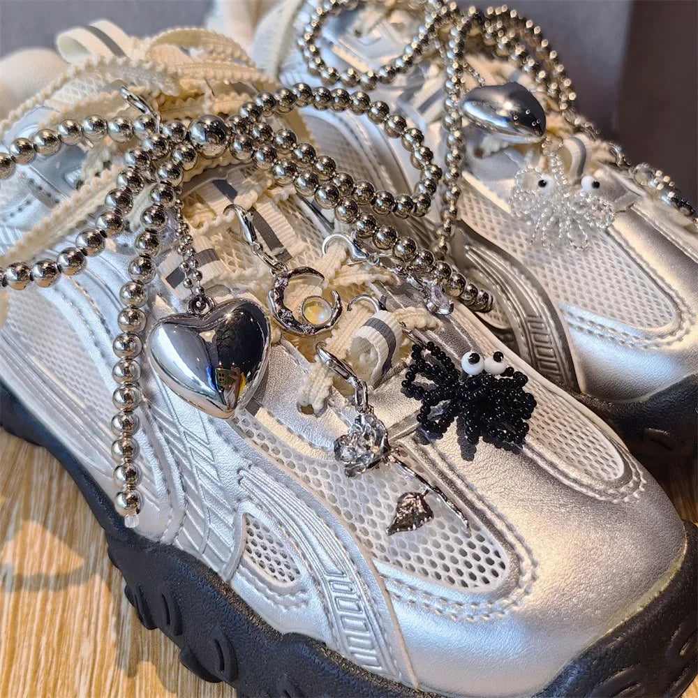 1PCS Fashion Silver Pearl Bow Pendant Gemstone Shoelaces Charms for Sneakers Shoe Decorations Buckle Girl Heart Shoe Charm