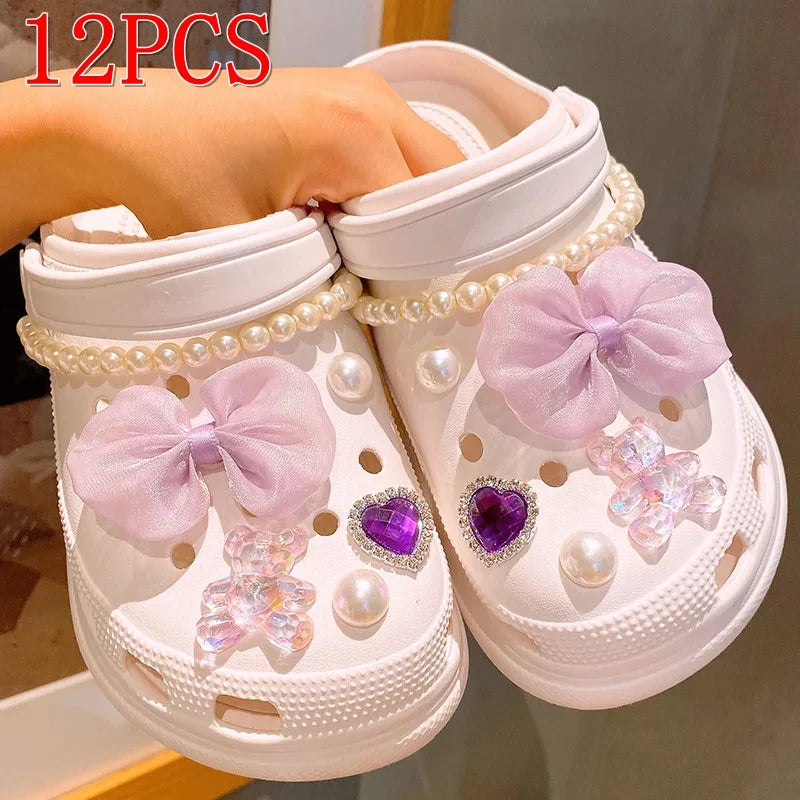 12/14PCS Advanced Bow Shoe Decorations Shoe Charms Set Pearl Butterfly Shoe Decoration DIY Detachable Buckle Shoes Accessories