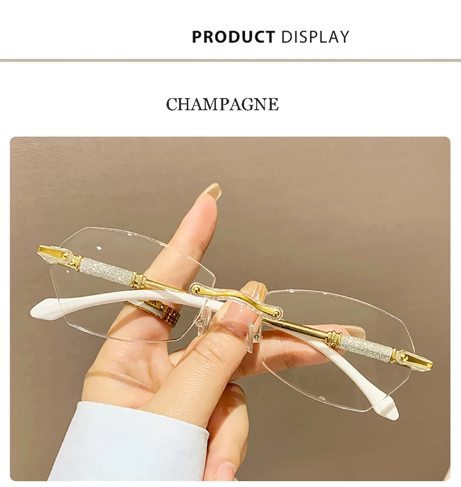 High Definition Lens Reading Glasses Women's Trendy Rimless Anti Blue Light Farsighted Eyewear Prescription Diopter Eyeglasses