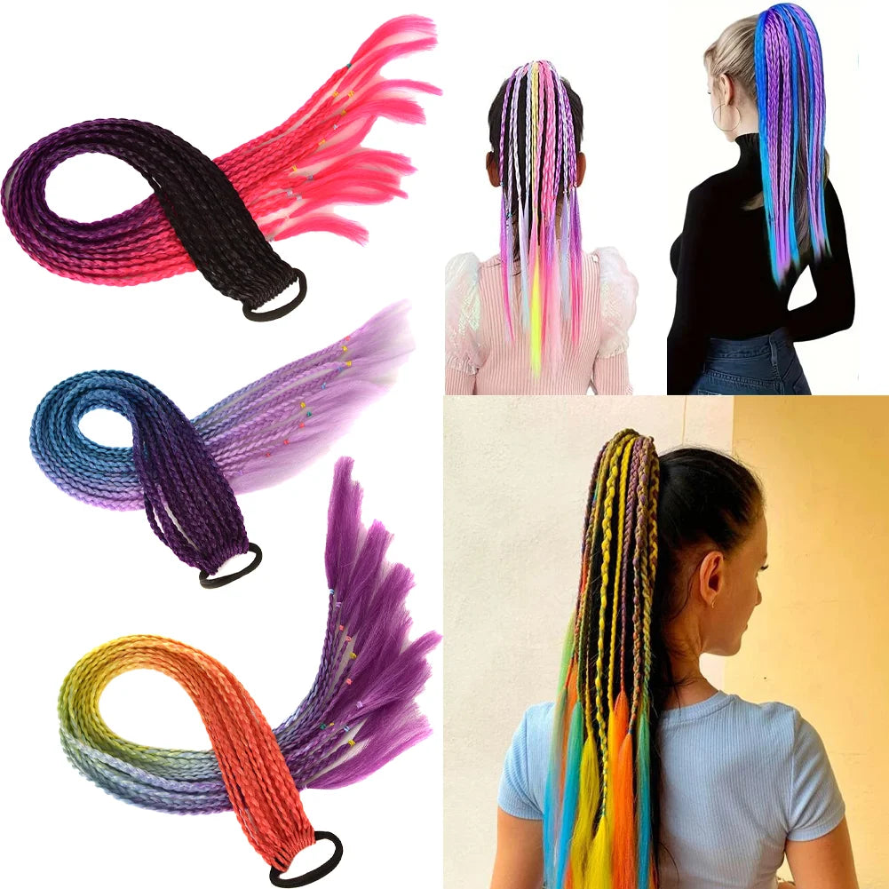 24inch Rubber Band Crochet Mixed Box Braids Plaited Ponytail Synthetic Gradient Dirty Braided Ponytail Hair Extensions for Kids