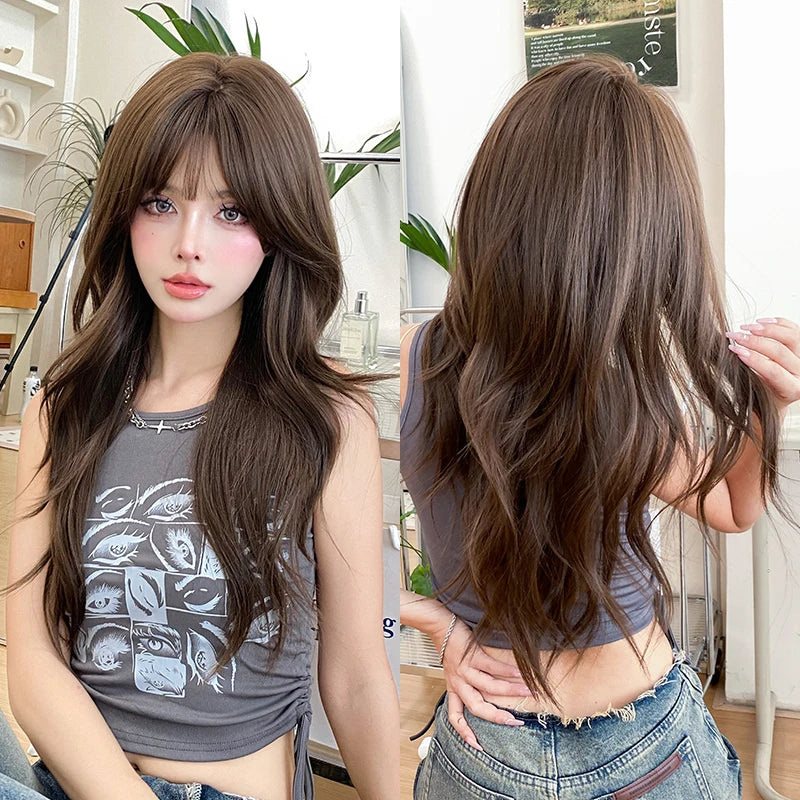 7JHH WIGS Body Wavy Wig Long Loose Curly Brown Wig for Women Daily Use High Density Synthetic Layered Hair Wigs with Bangs