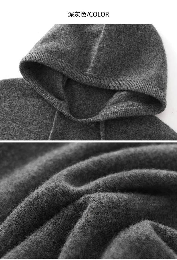 Men's Autumn Winter 100% Merino Wool Sweater Hooded Collar Knitted Pullover Cashmere Sweatshirt Casual Large Tops Long Sleeved