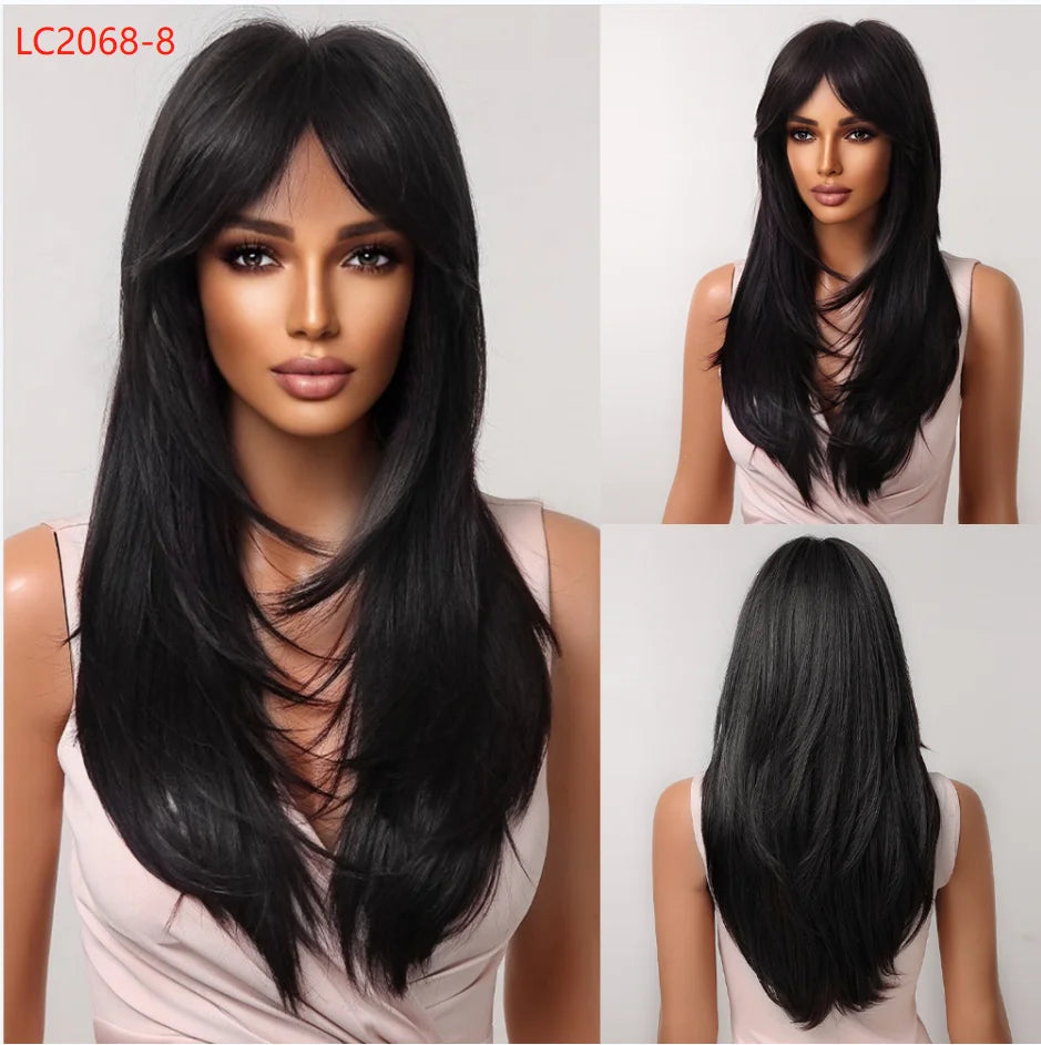 ALAN EATON Long Straight Layered Synthetic Wigs with Bangs Blonde Highlights on Brown Wigs for Black Women Afro Daily Party Hair