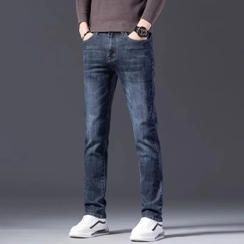 Men Autumn Loose Straight Elasticity Jeans Male Korean Style Versatile Slim Fit Denim Pants Vintage Smart Casual Black Trousers