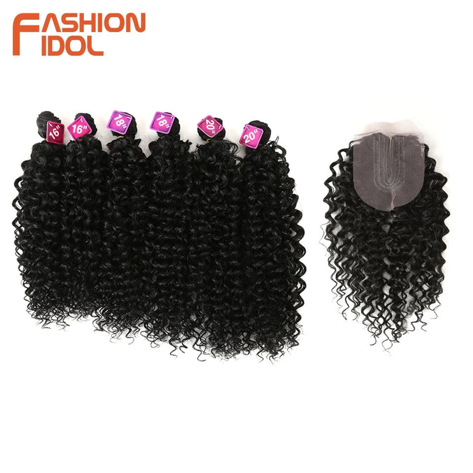 FASHION IDOL 16 18 20inch 240g/7pcs Afro Kinky Curly Hair Synthetic With Closure Ombre Color Kinky Curly Bundles Hair Extensions