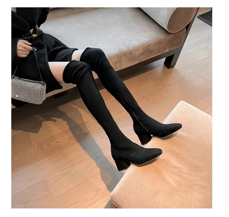 Elastic Long Faux Suede Boots Woman Over-the-knee Boots Casual Black Platform Shoes for Women Autumn Ladies Bottes 2024