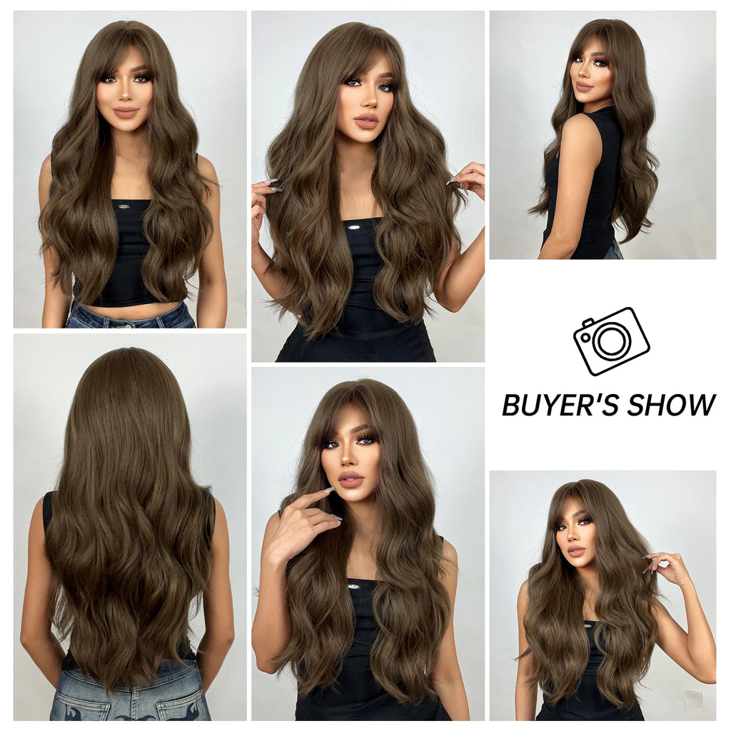 Brown Long Wavy Wig with Bangs Synthetic Natural Wave Hair Wigs for Black Women Afro Cosplay Party Daily Heat Resistant Fibre