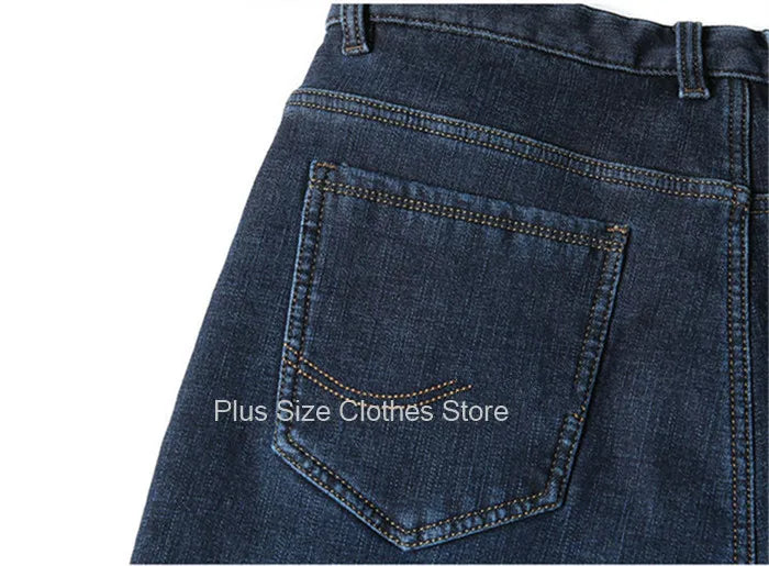 Tall Man Fleece Jeans 117CM Extra Long Stretched Plus Size 42 44 Fit Trousers Warm Autumn Winter High Waist Denim Pants Trousers