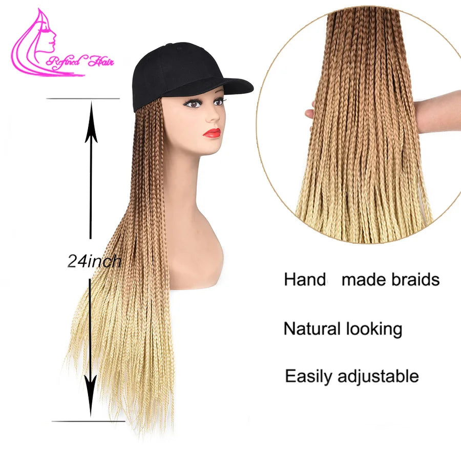 Synthetic Hat Wig Baseball Cap with Braiding Hair 24inch Long Braids Wigs Women Girls Daily Wear Ombre Blue Grey Brown Blonde
