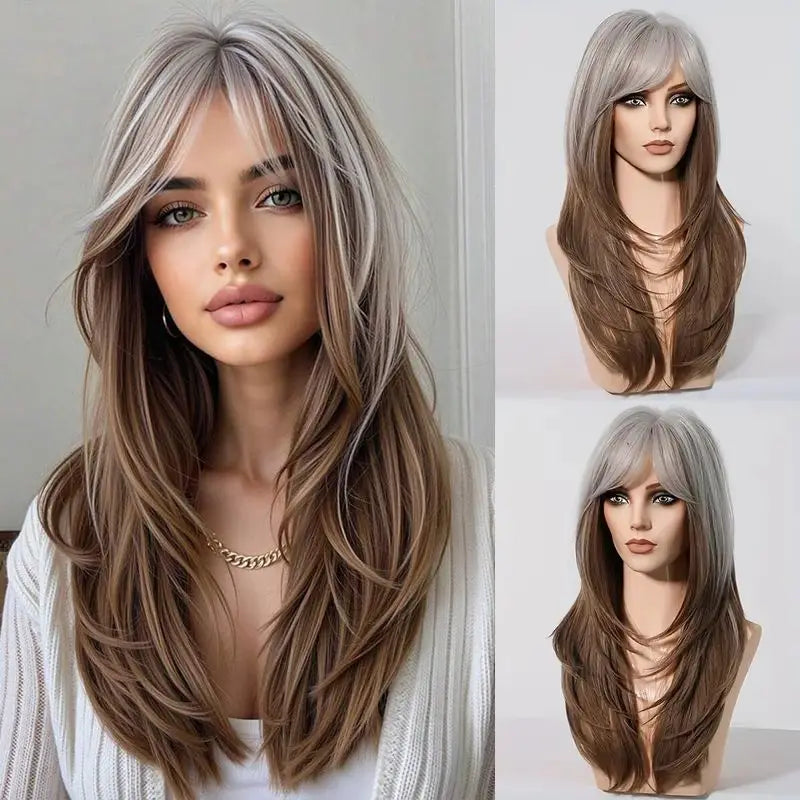 EASIHAIR Purple Synthetic Wigs for Women Long Straight Layered Hair Wigs With Side Bangs Ombre Purple Black Wigs Heat Resistant