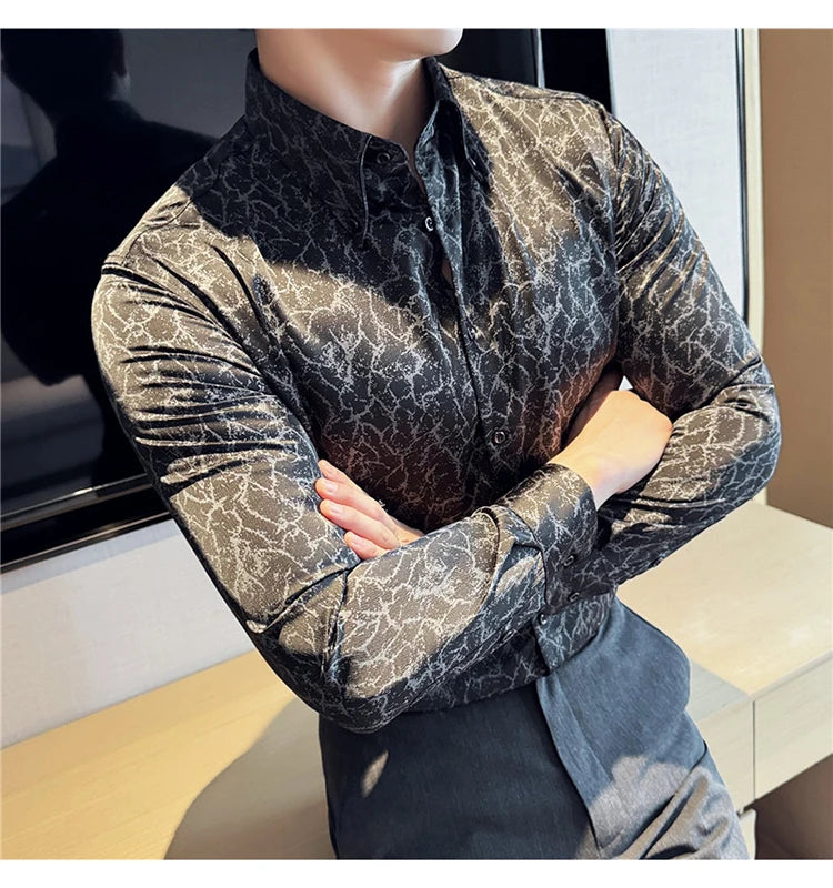 Men Dress Shirt 2024 Solid Casual Long Sleeve Slim Fit Print Shirt Fashion Formal Social Banquet Tuxedo Wedding Men Clothing