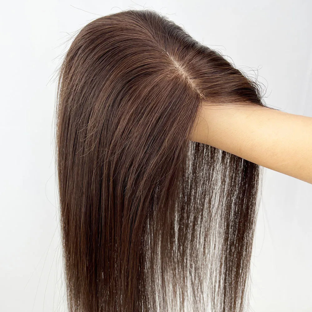 11x13cm Dark Brown Human Hair Topper Silk Base Hand Tied Silk Top Toupee Breathable Remy Hair Piece with Clips in for Women