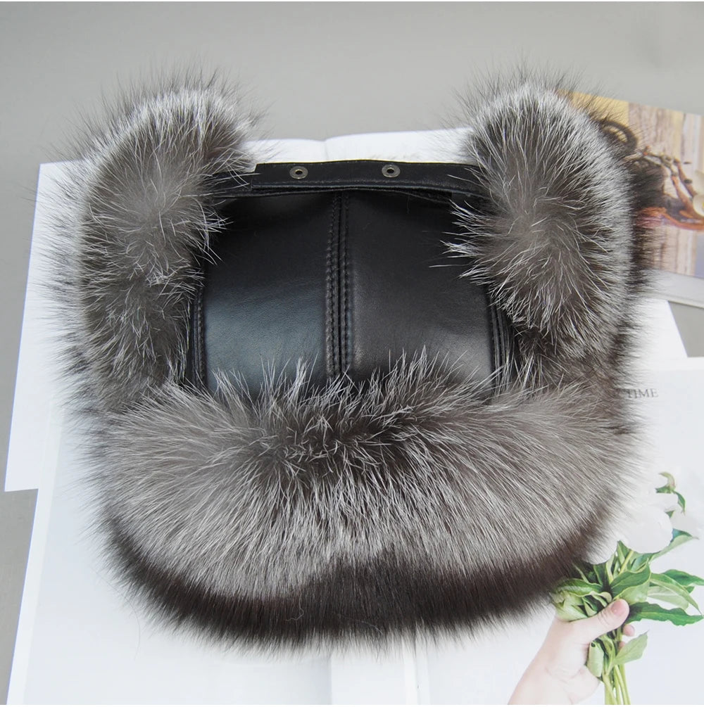 2026 Unisex Outdoor Windproof Winter Natural Real Fox Fur Bombers Hats Women Raccoon Fur Cap Luxury Real Sheepskin Leather Hat