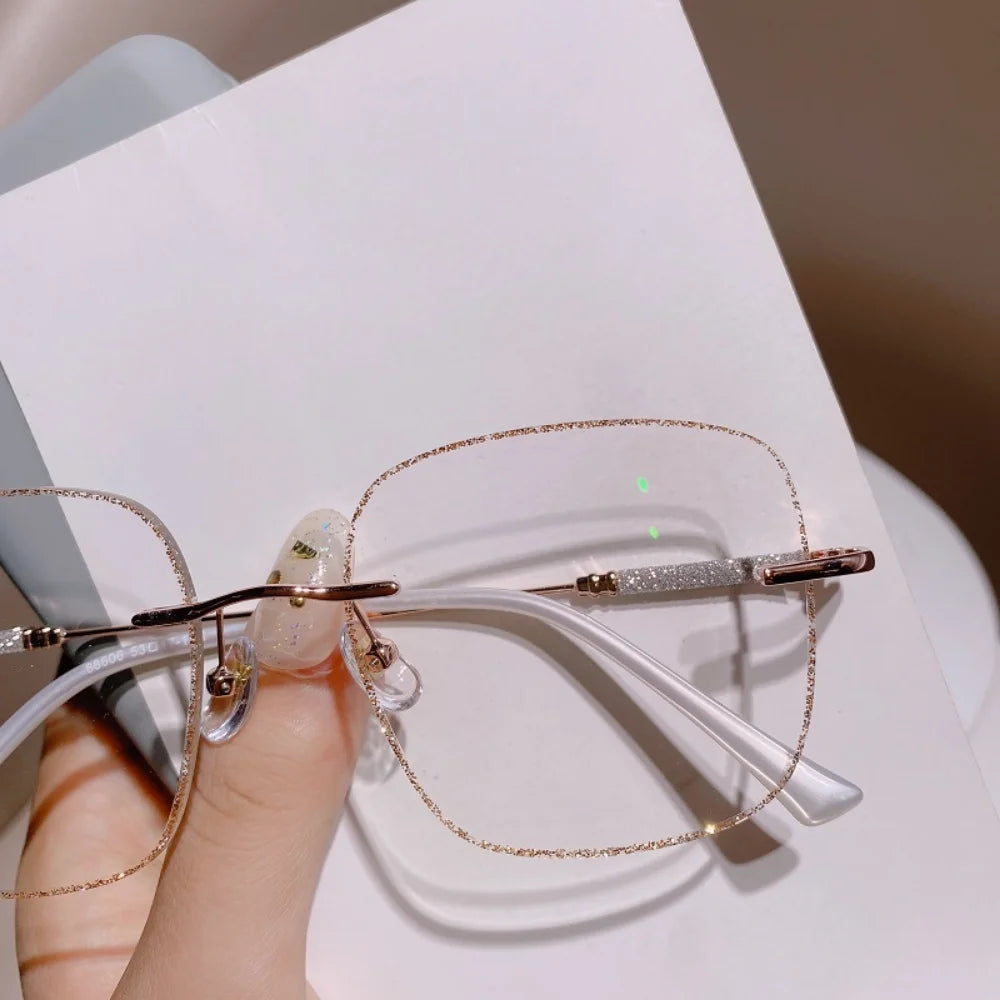 Anti Blue Light Myopia Glasses Women Eyeglasses Computer Glasses with Diopters 0 To -4.0 Shiny Rimless Frame Glasses