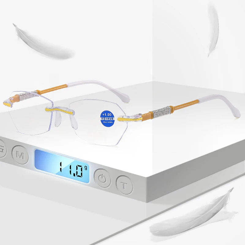 High Definition Lens Reading Glasses Women's Trendy Rimless Anti Blue Light Farsighted Eyewear Prescription Diopter Eyeglasses