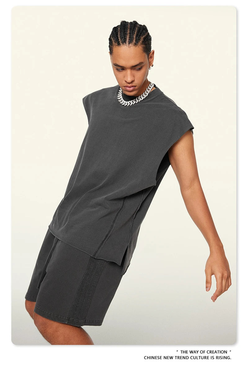 ZODF Vintage 2024 Washed 270gsm Cotton Tank Tops For Men Unisex Summer Relax Fit Slit Sleeveless Vest Streetwears HY0777