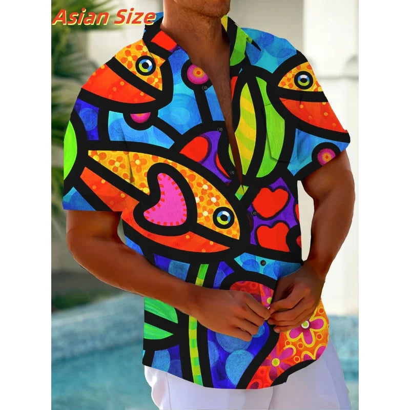 Dreamy Village Pattern Lapel Shirt For Men Flower Bird Boat 3D Printed Hawaiian Shirts Fashion Short Sleeve Tops Button Blouse