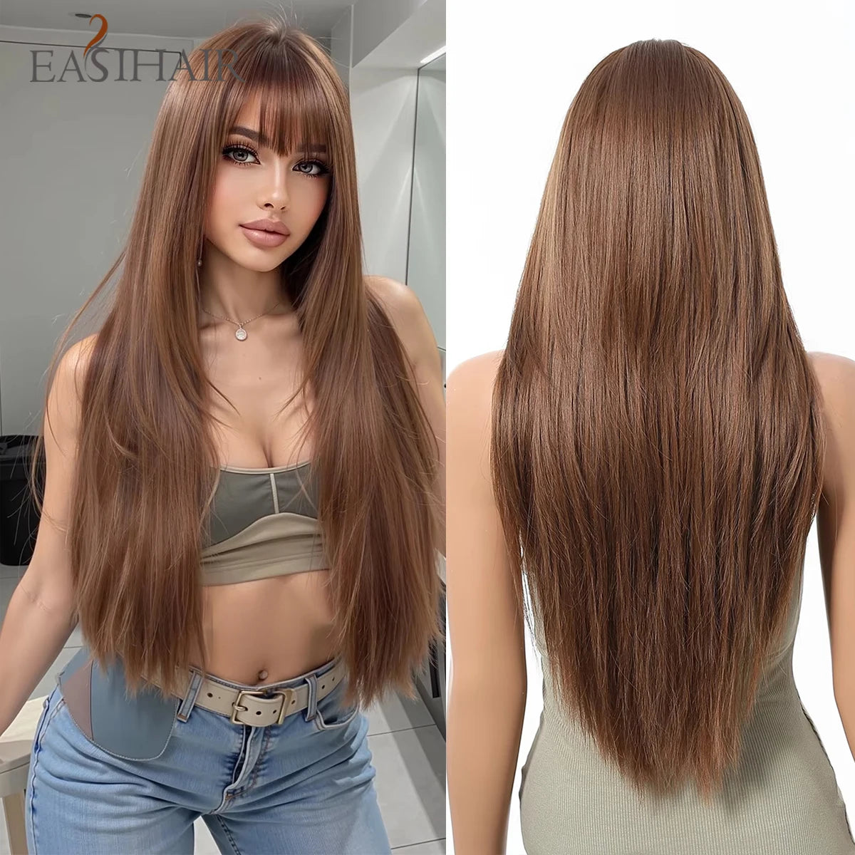 EASIHAIR Brown Straight Layered Wigs for Women Long Natural Hair Synthetic Wigs With Bangs Daily Use Party Heat Resistant Wigs