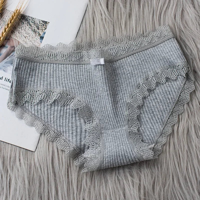 Cotton Sexy Lace Mid Waist Underwear Threaded Brief Solid Color Skin Friendly Ladies Underpant Breathable Fashion Casual Panties