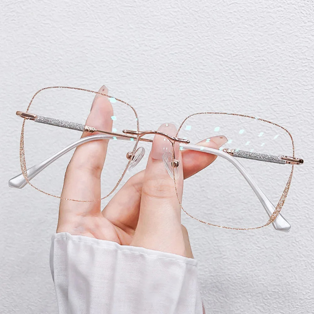 Anti Blue Light Myopia Glasses Women Eyeglasses Computer Glasses with Diopters 0 To -4.0 Shiny Rimless Frame Glasses