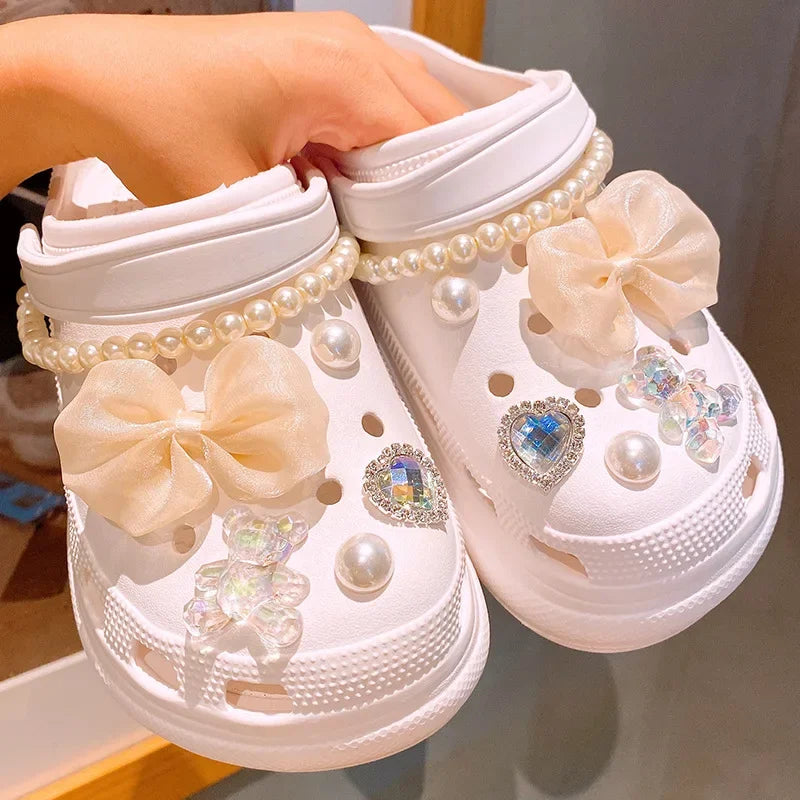 12/14PCS Advanced Bow Shoe Decorations Shoe Charms Set Pearl Butterfly Shoe Decoration DIY Detachable Buckle Shoes Accessories