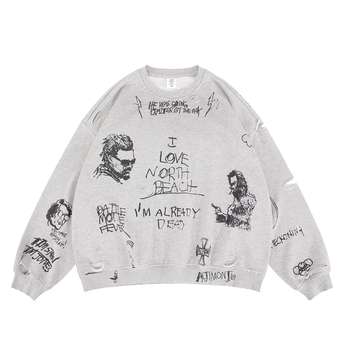 Graffiti illustration letter print ripped top loose casual loop round neck hoodie Men Women Best Quality Hooded Sweatshirt