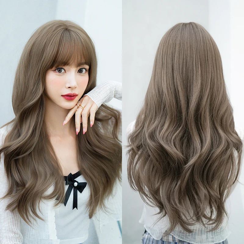 7JHH WIGS Body Wavy Wig Long Loose Curly Brown Wig for Women Daily Use High Density Synthetic Layered Hair Wigs with Bangs