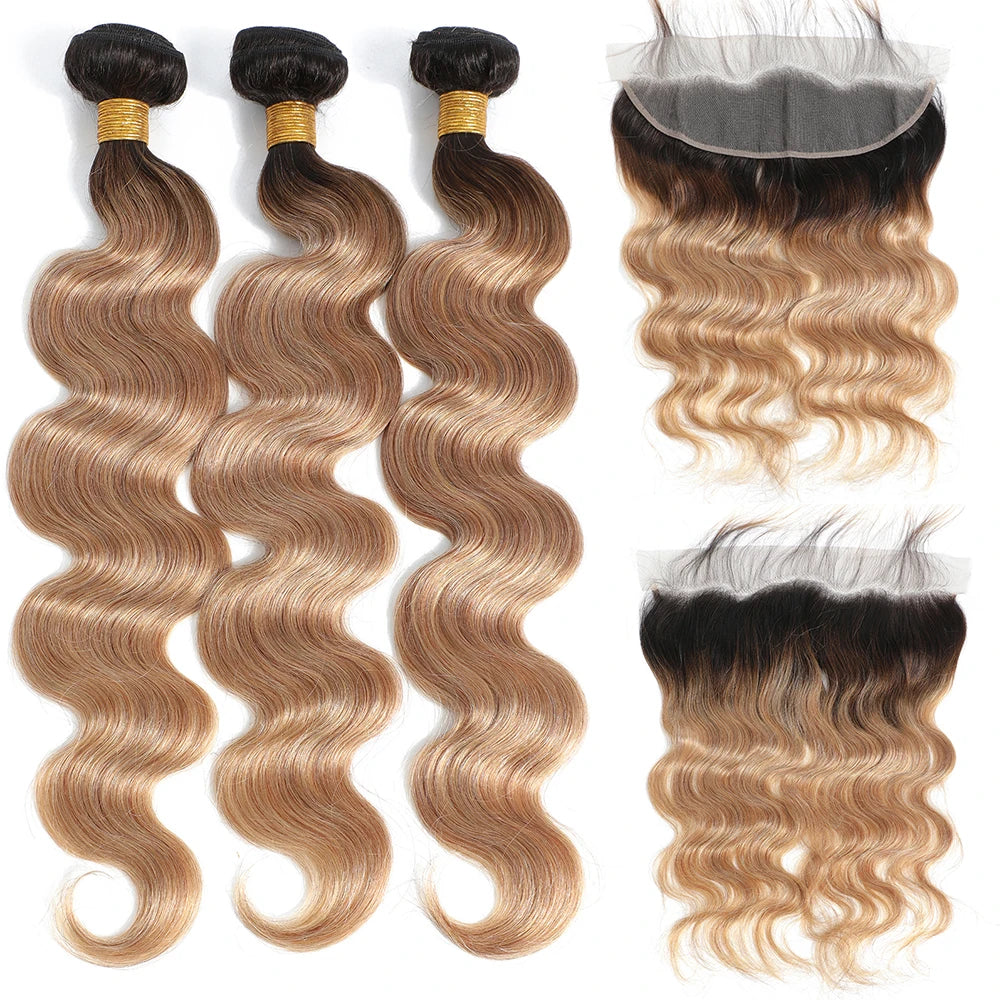 Ombre Color Body Wave Human Hair Bundles with closure Brazilian human hair 1b/4/27 Hair Weave Bundles human Hair Extension 4x4