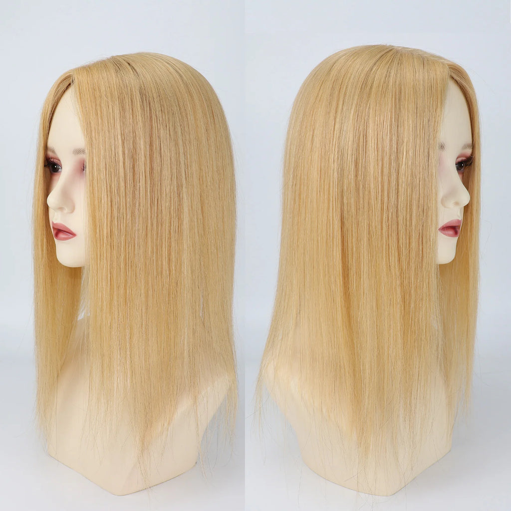 6x6" Golden Blonde Virgin Human Hair Topper Silk Skin Base Women Toupee Silk Top Hair Cover with Clips in & PU Edges Color #27