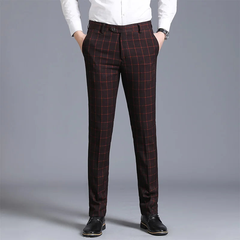 2025 New Burgundy Navy Plaid Casual Suit Pants for Men, Beige/Blue Vertical Stripe Non-Iron Slim Small Leg Work Trousers Men