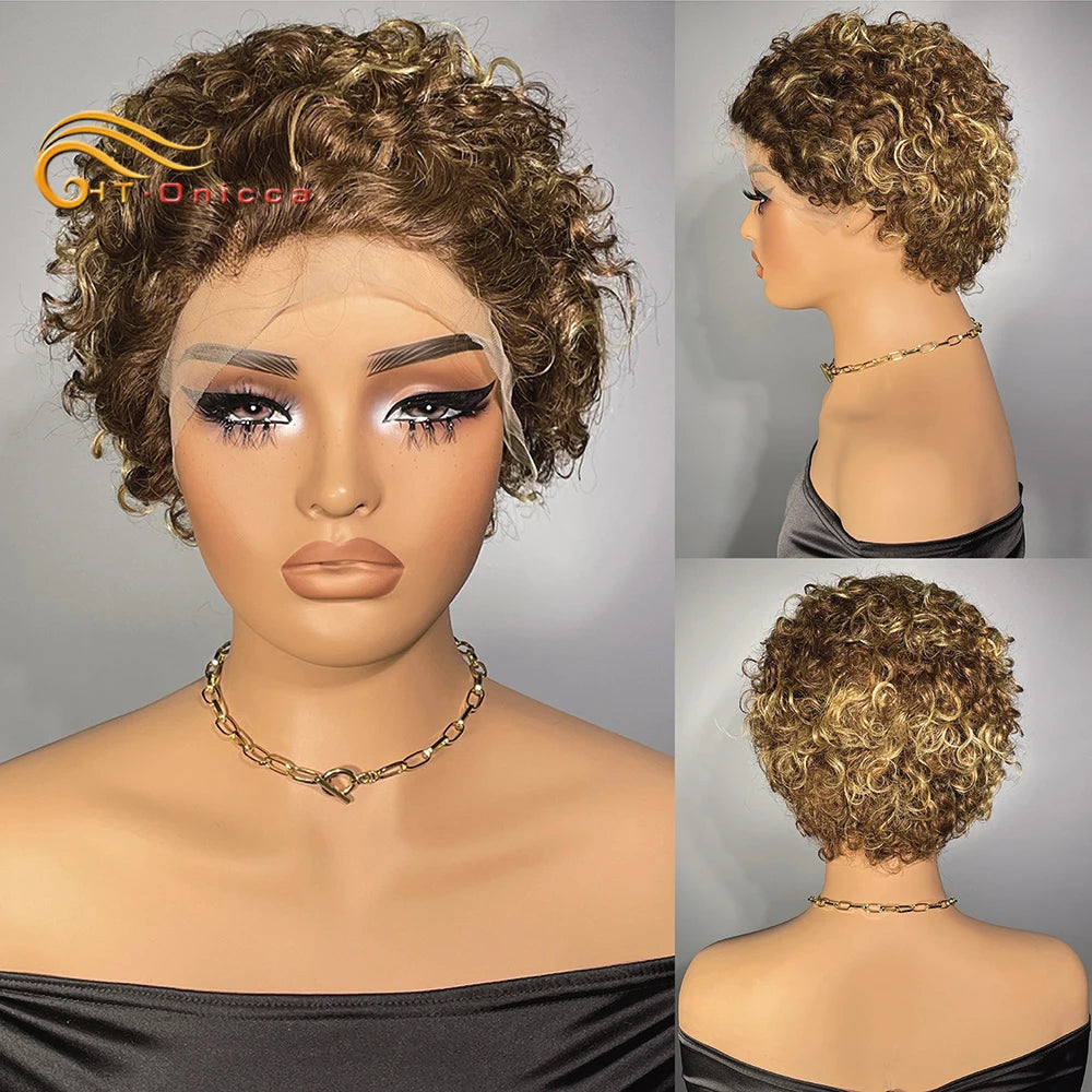 Curly Human Hair Wig Short Bob Pixie Cut Wig Human Hair For Women Brazilian Water Wave 13x1 Transparent Lace Wig