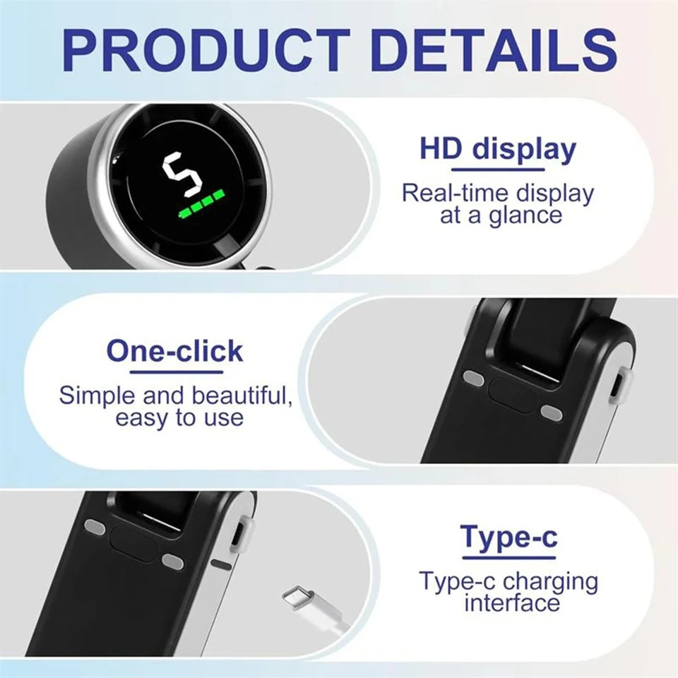 MEUYAG Portable 3-in-1 Turbo Handheld Fan, 5 High-Speed Settings, 3600mAh Power, Digital Screen, Foldable USB/Type-C Charge