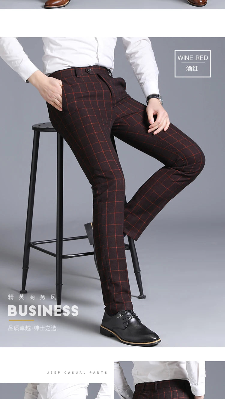 2025 New Burgundy Navy Plaid Casual Suit Pants for Men, Beige/Blue Vertical Stripe Non-Iron Slim Small Leg Work Trousers Men