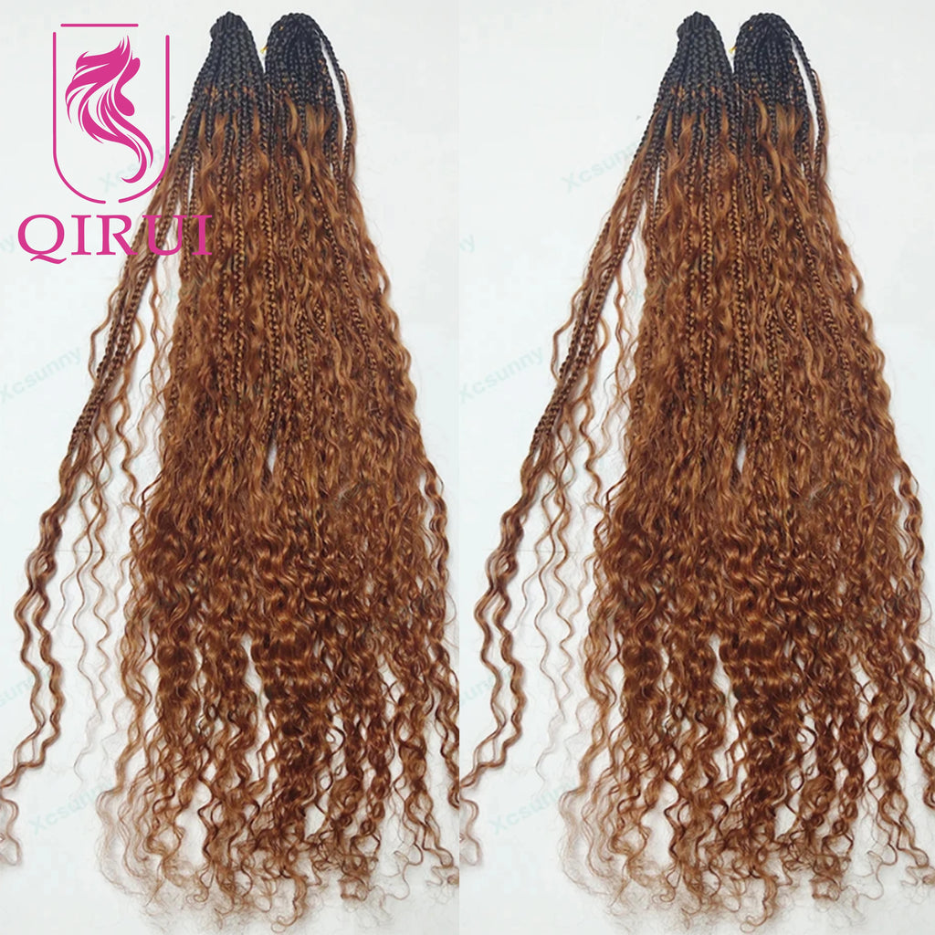 Ombre Brown #1B/30 Boho Crochet Box Braids with Human Hair Curls Deep Wave Pre Looped Box Braids Full Ends Hair Extensions