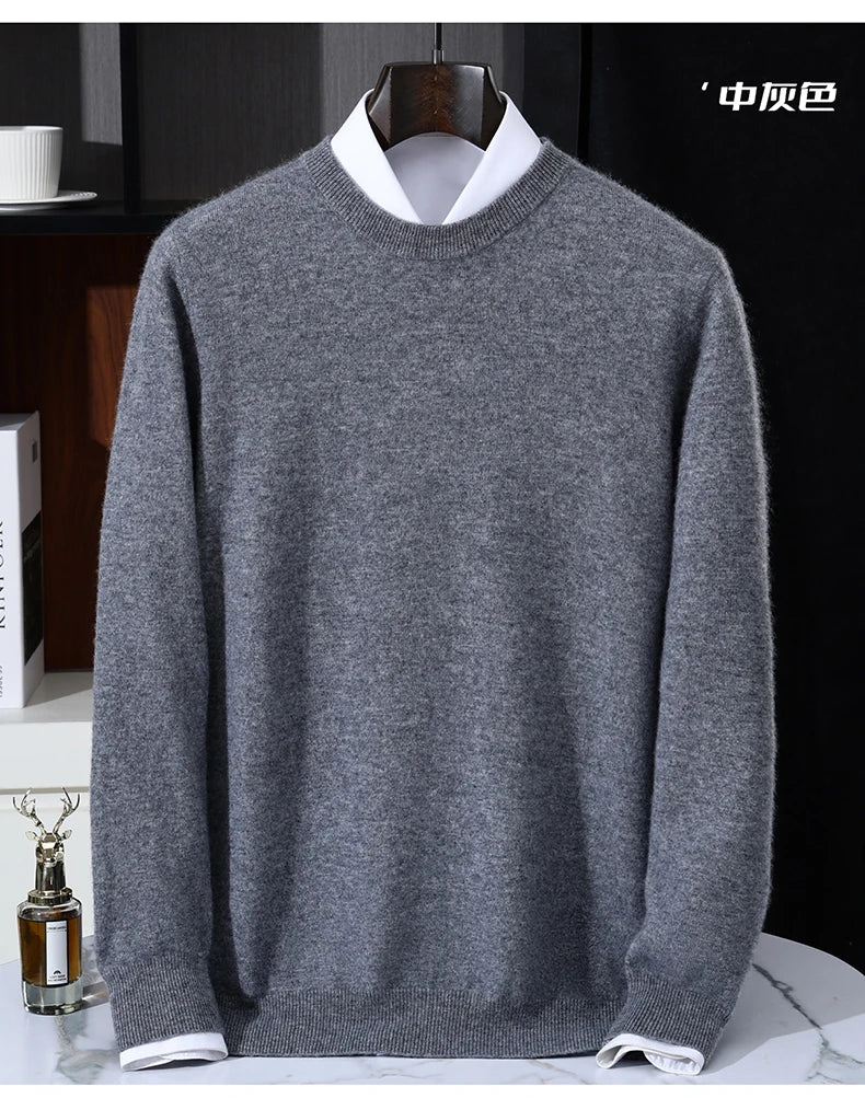 Autumn/Winter Men's 100% Pure Cashmere Pullover Business Casual Solid Knitted Sweater Loose Round Neck Tops Thick Warm Jumper