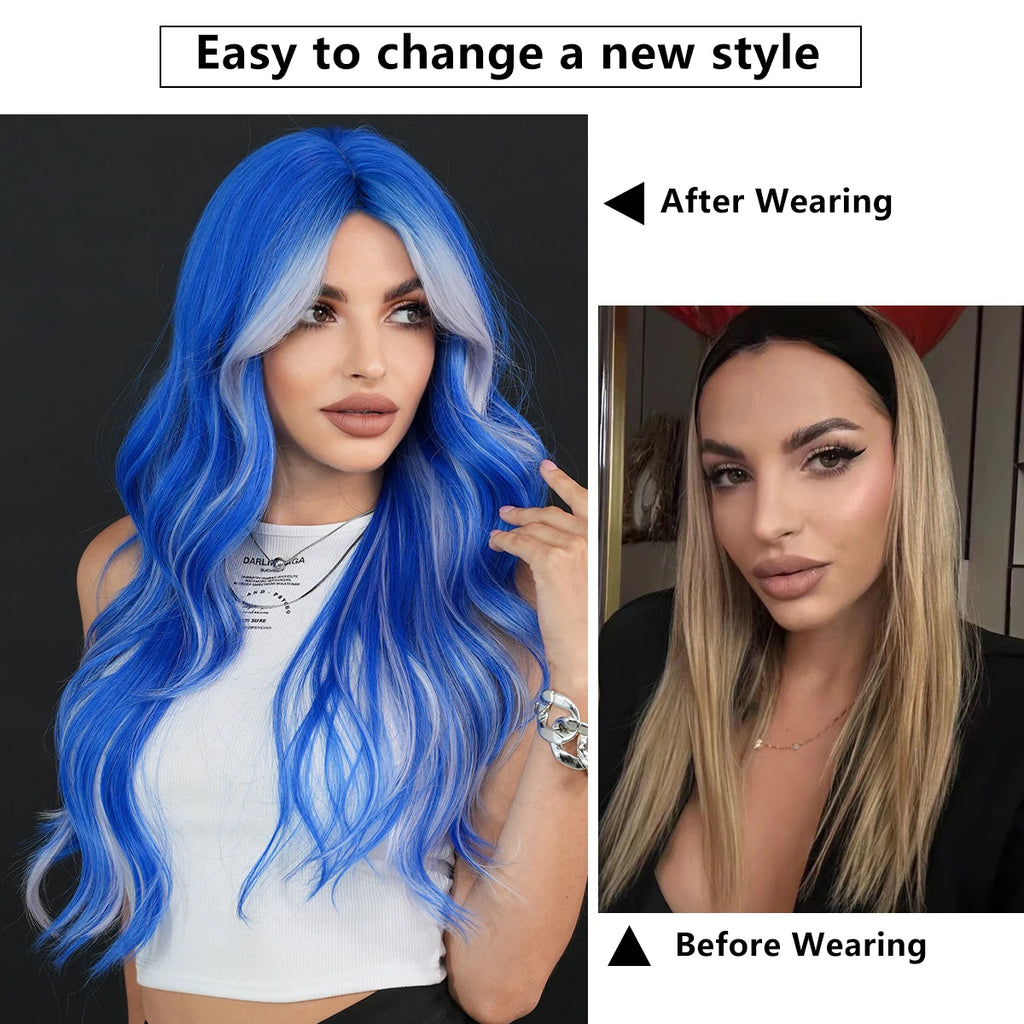NAMM Highlight Skunk Wig Body Wave Synthetic Blue Wig for Women Daily Party Use Highlight Ash Wavy Wigs With Medium Wigs