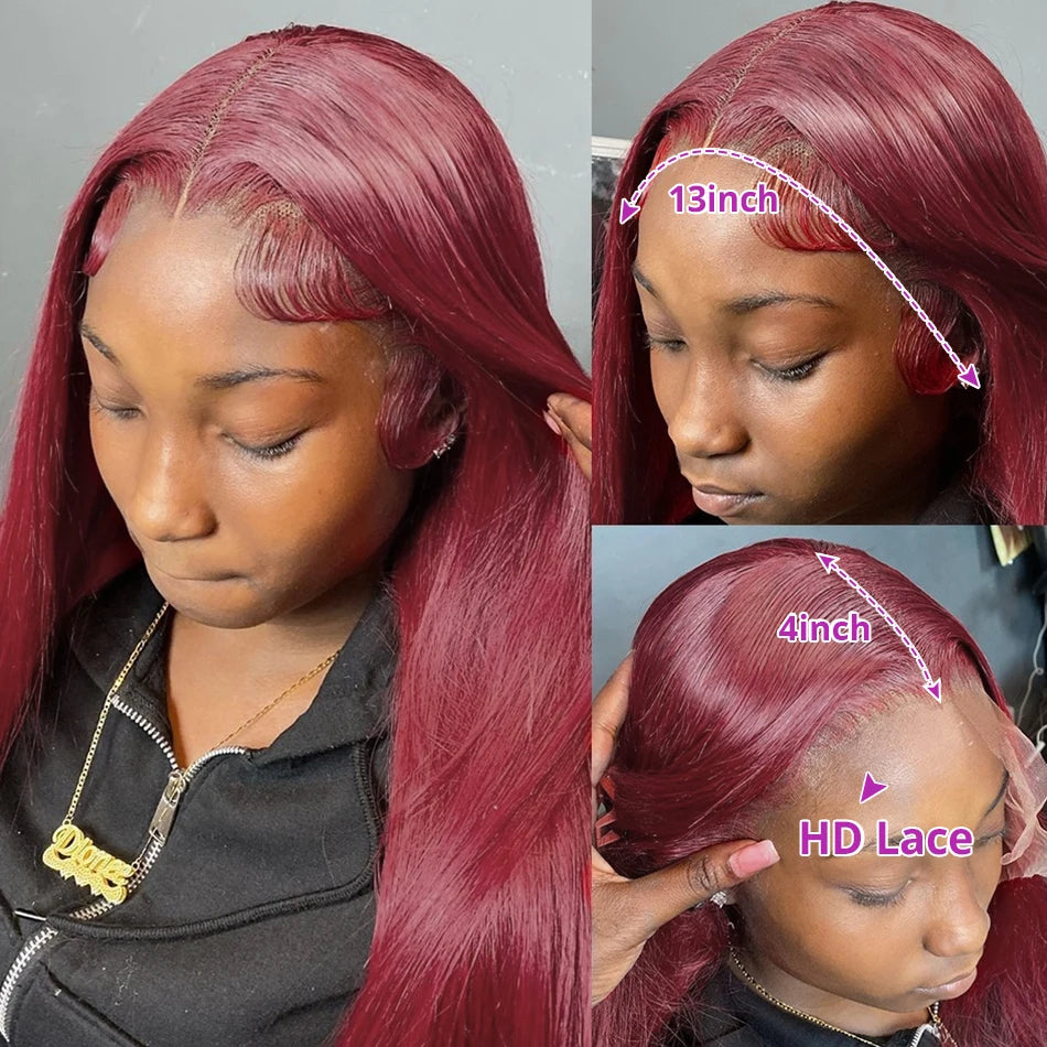 250 Density 99J Burgundy 13x6 Lace Frontal Human Hair Wigs Brazilian Colored 30 40 Inch Straight Red Lace Front Wigs Human Hair