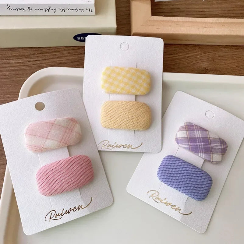 2Pcs/Set Kawaii Girls Sweet Hair Clips Fabric Plaid Cotton Hairpins for Baby Hair Square Shape Women Bangs Barrettes Headwear