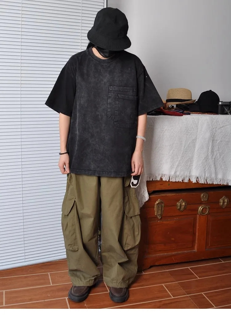 Heavyweight Wide Leg Workwear Trousers CityBoy Hong Kong Style Multi-Pocket Loose Straight Casual Shape Men's Pants