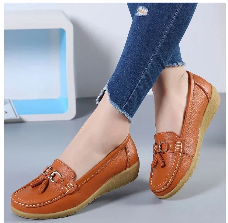 Spring Summer Breathable Casual Loafers For Women Platform Leather Comfort Wedge Moccasins Ladies Vulcanized Sneakers 44