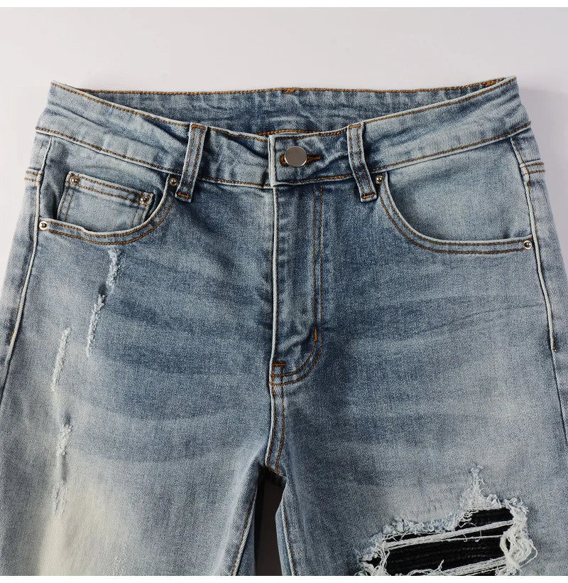 Men Leather Patches Denim Jeans Streetwear Holes Ripped High Stretch Pants Light Blue Skinny Tapered Trousers